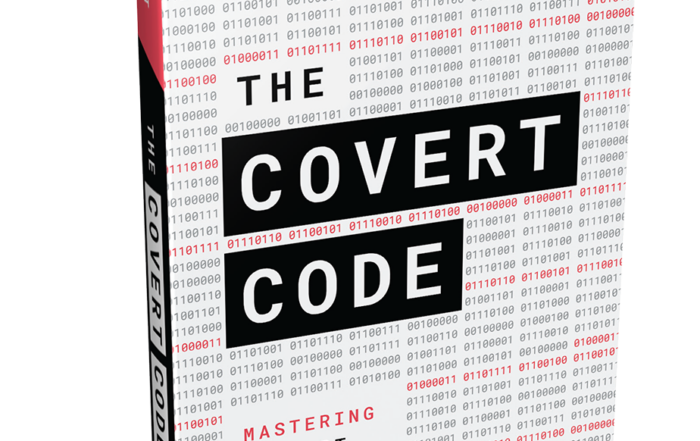 Cover of the book 'The Covert Code' by Anna Covert, featuring a binary code background with the title in bold black boxes and the subtitle 'Mastering the Art of Digital Marketing' at the bottom.