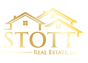 Logo of Stott Real Estate, Inc. featuring two stylized house icons and the text 'STOTT Real Estate, Inc.' in a gold gradient.
