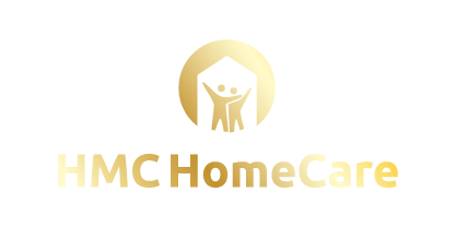 Logo of HMC HomeCare featuring a circular design with a house and two figures inside, and the text 'HMC HomeCare' in a gold gradient.