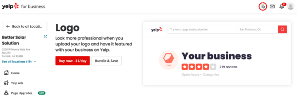 Yelp for Business page showing how uploading a logo can make your business profile look more professional, featuring Better Solar Solution's listing and a sample business profile.