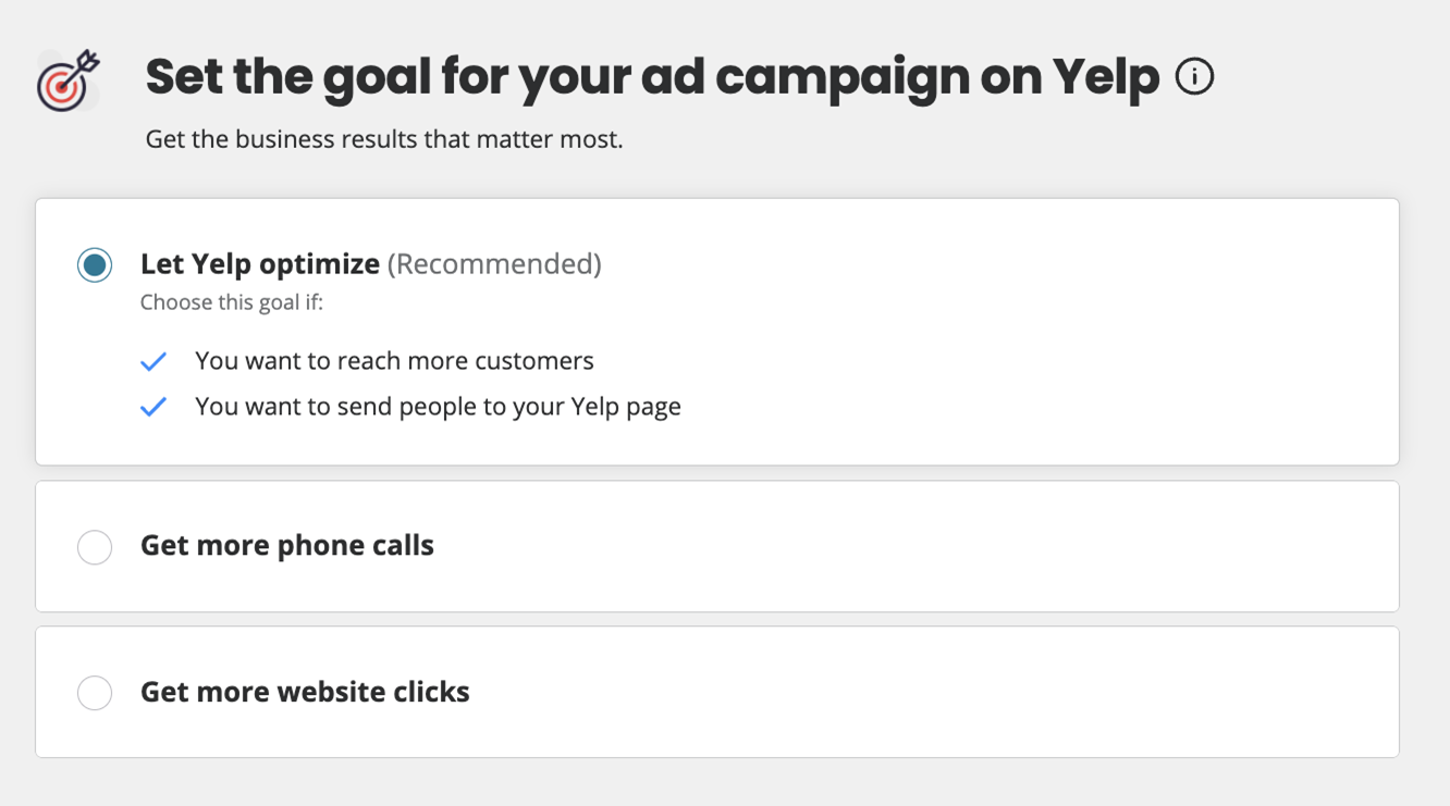 Screenshot of Yelp ad campaign setup options, showing goals such as letting Yelp optimize, getting more phone calls, and getting more website clicks.