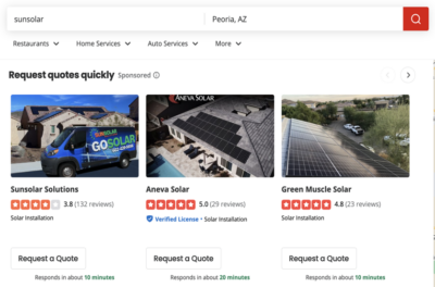 Yelp search results for solar installation companies in Peoria, AZ, featuring Sunsolar Solutions, Aneva Solar, and Green Muscle Solar with ratings, reviews, and options to request quotes.