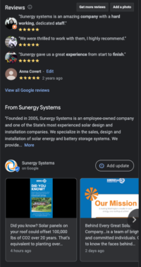 Google reviews for Sunergy Systems, highlighting positive customer feedback and the company's expertise in solar energy and battery storage systems. Includes company details and recent updates.