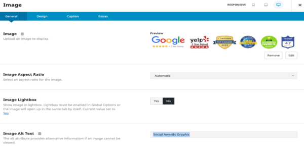 Settings page for adding an image in a web editor, showing options for image aspect ratio, lightbox display, and alt text with a preview of social awards graphic including Google and Yelp ratings.