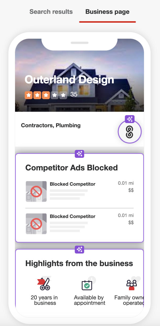 Screenshot of Outerland Design's Yelp business page, highlighting blocked competitor ads and business highlights such as 20 years in business, availability by appointment, and family ownership.