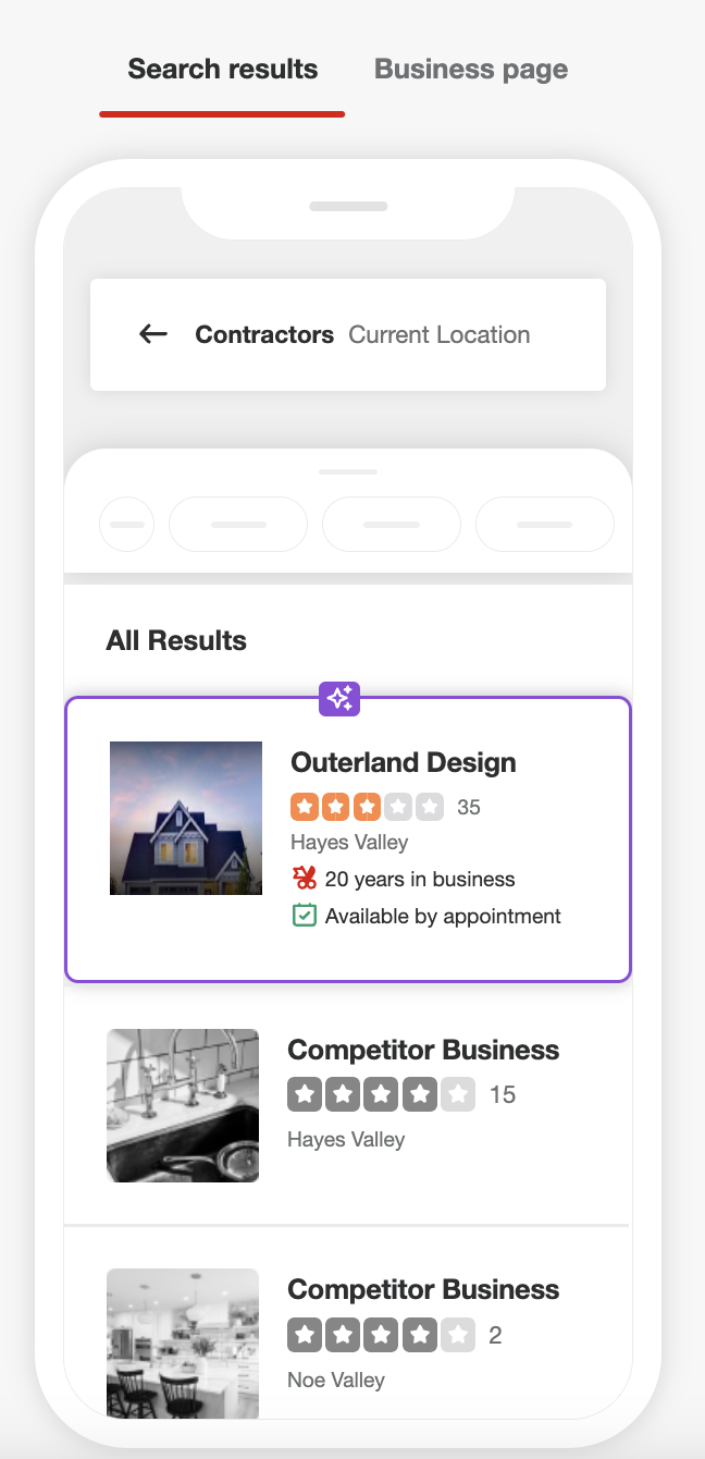 Screenshot of Yelp search results showing Outerland Design listed with 20 years in business and availability by appointment, along with competitor businesses.