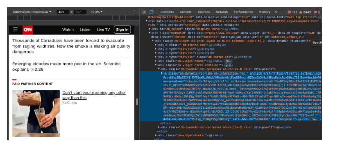 Screenshot of CNN's website displaying news about Canadian wildfires and cicadas, alongside a partner content ad and HTML code inspection.