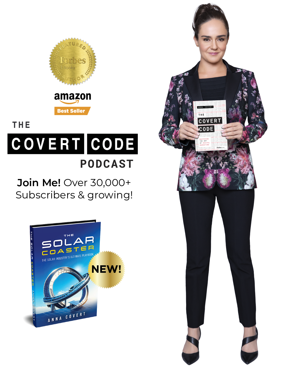 Anna Covert holding her book The Covert Code: Mastering the Art of Digital Marketing, with Forbes Books and Amazon Best Seller badges visible.