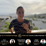 Anna Covert promoting the Authority as a Growth Strategy four-part podcast series with Forbes Books and The Covert Code Podcast, featuring the Honolulu skyline in the background.