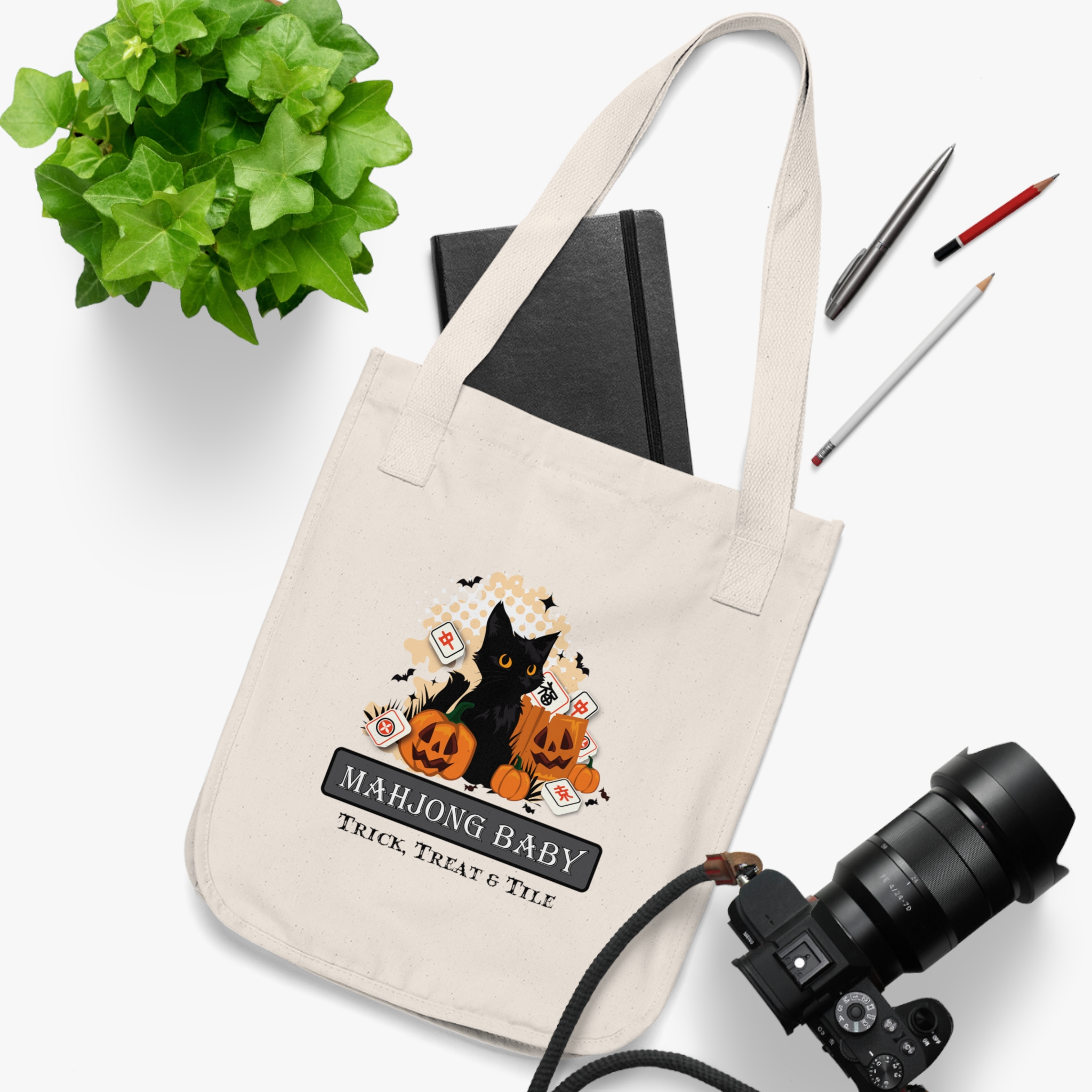 Tote Bag — Halloween Mahjong Baby Organic Canvas Tote (Black Cat, Pumpkins, Trick Treat & Tile) - Image 2