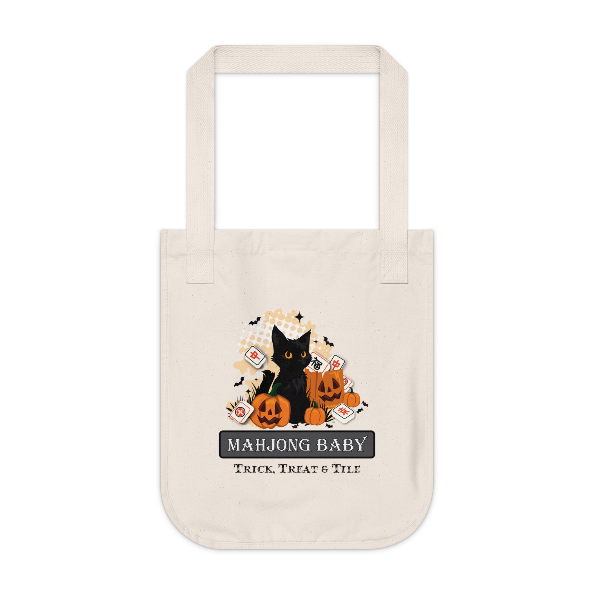 Tote Bag — Halloween Mahjong Baby Organic Canvas Tote (Black Cat, Pumpkins, Trick Treat & Tile) - Image 3