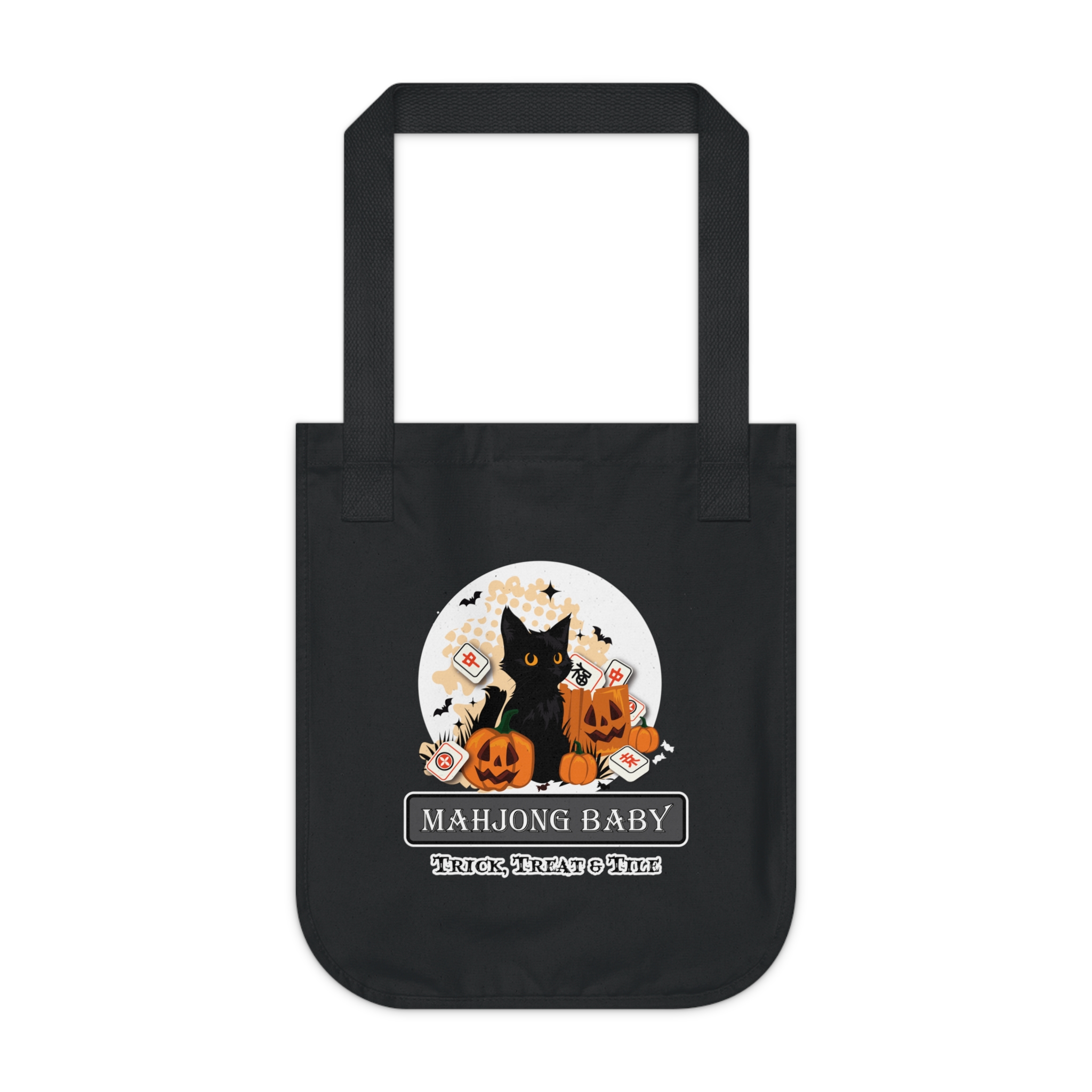 Tote Bag — Halloween Mahjong Baby Organic Canvas Tote (Black Cat, Pumpkins, Trick Treat & Tile) - Image 6