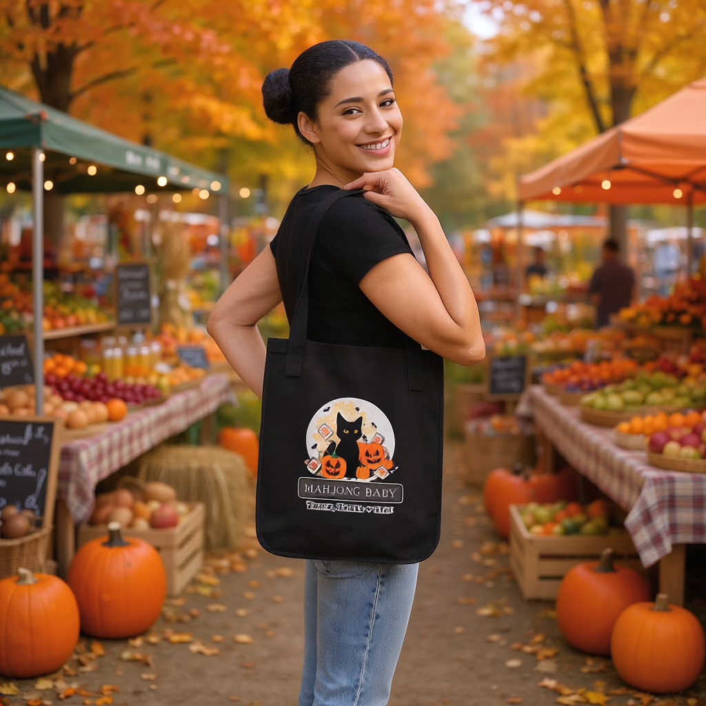 Tote Bag — Halloween Mahjong Baby Organic Canvas Tote (Black Cat, Pumpkins, Trick Treat & Tile) - Image 4
