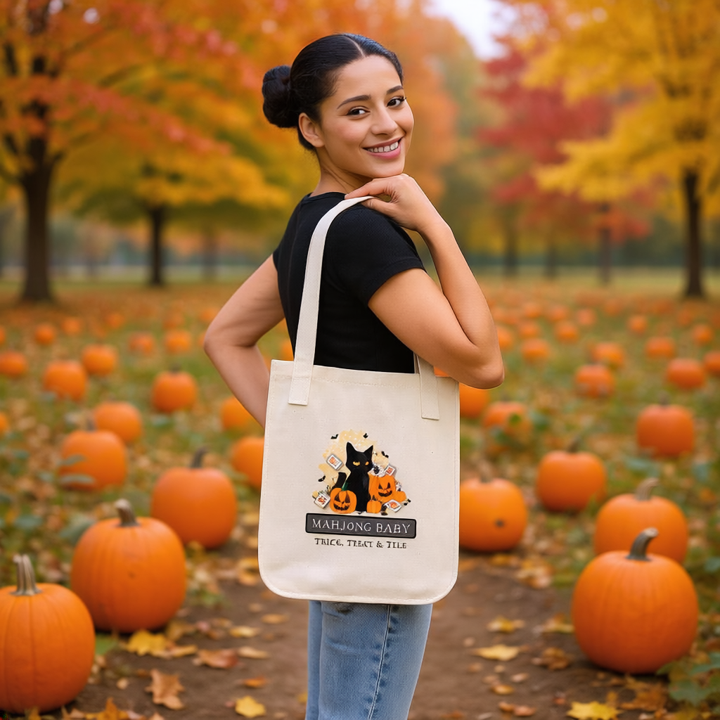 Tote Bag — Halloween Mahjong Baby Organic Canvas Tote (Black Cat, Pumpkins, Trick Treat & Tile)