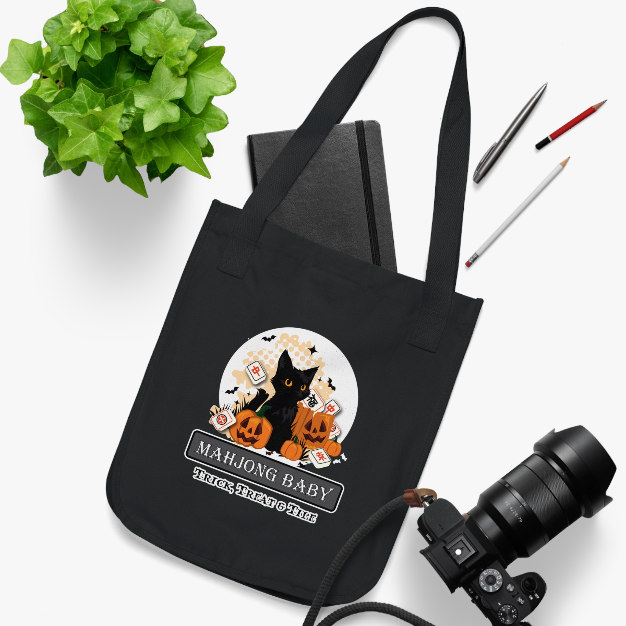 Tote Bag — Halloween Mahjong Baby Organic Canvas Tote (Black Cat, Pumpkins, Trick Treat & Tile) - Image 5